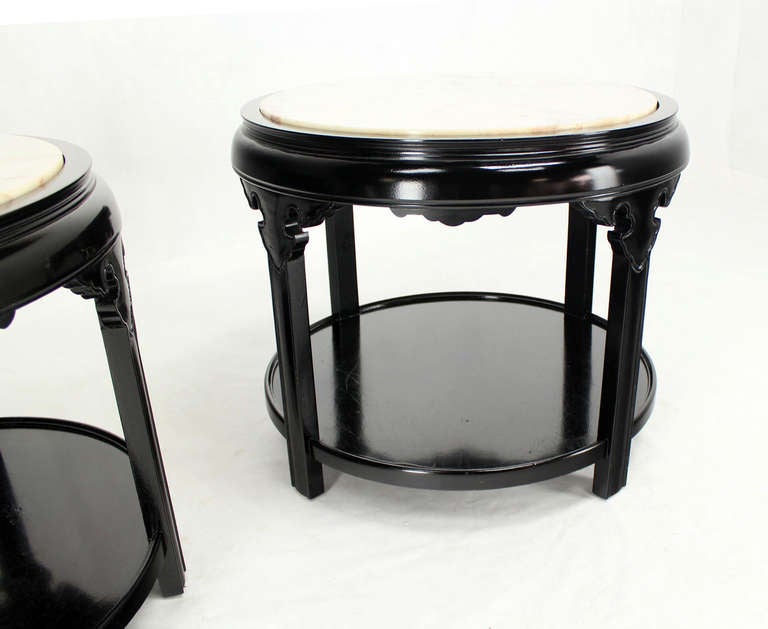 American Pair of Round Black Lacquer Asian Inspired Marble-Top End Tables