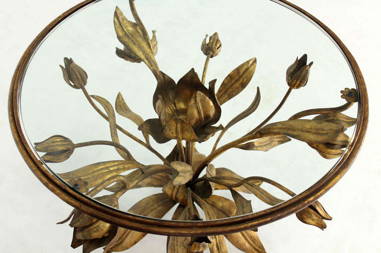 Pair of Italian Round Gold Gilt Flowers End Tables in Arthur Court Style 1
