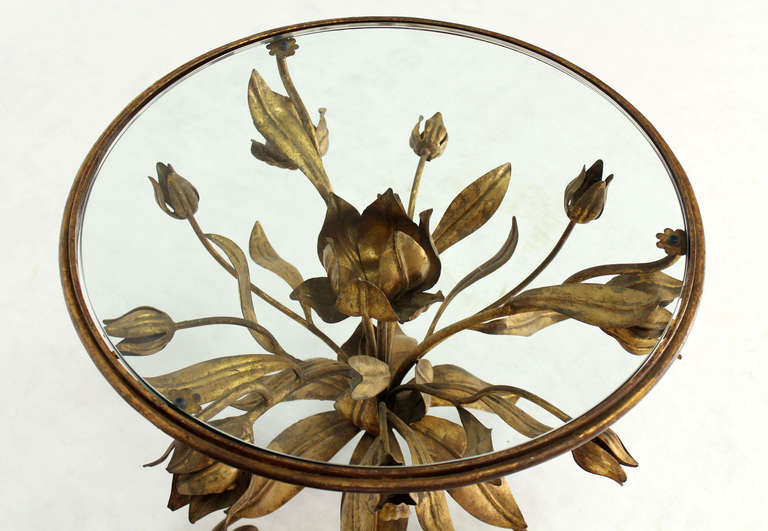 American Pair of Italian Round Gold Gilt Flowers End Tables in Arthur Court Style