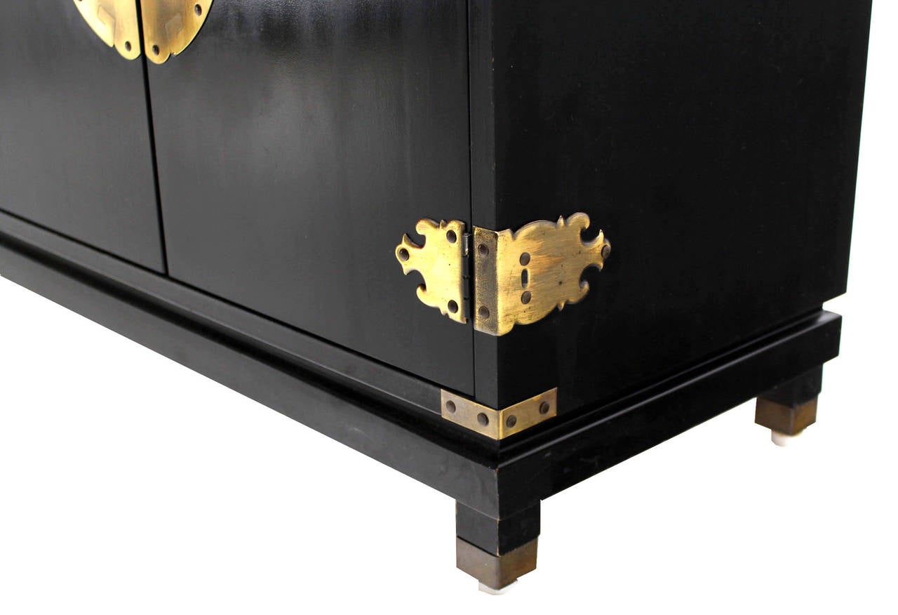 Ebonized Black Lacquer Oriental Mid-Century Modern Sideboard or Credenza Large Brass