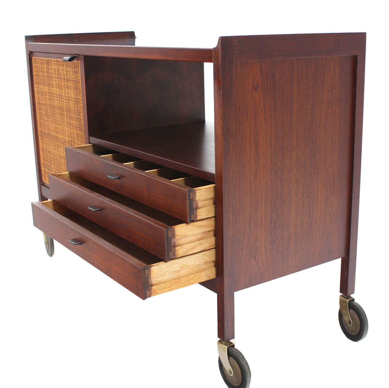 Mid-Century Modern Walnut Bar Cart with Three Drawers In Excellent Condition In Rockaway, NJ