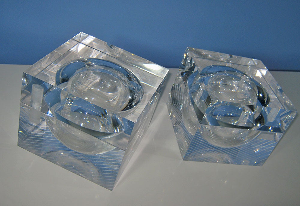 Pair of Mid Century  Modern Lucite Ice Buckets Spherical Hollows