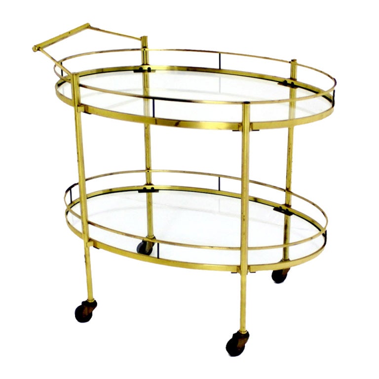Mid Century Modern Solid Brass Oval Tea Cart Rolling Bar For Sale at