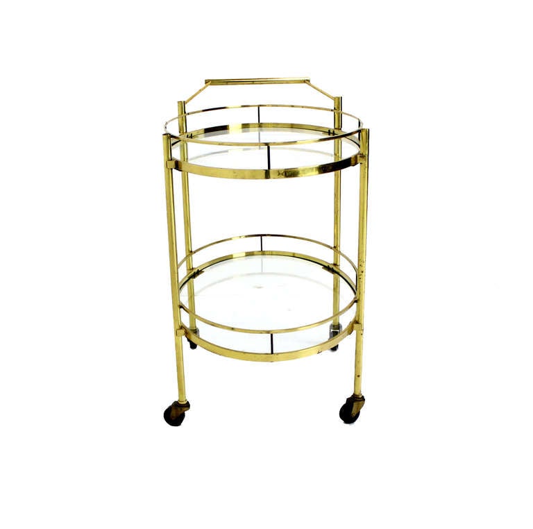 American Mid Century Modern Solid Brass Oval Tea Cart Rolling Bar