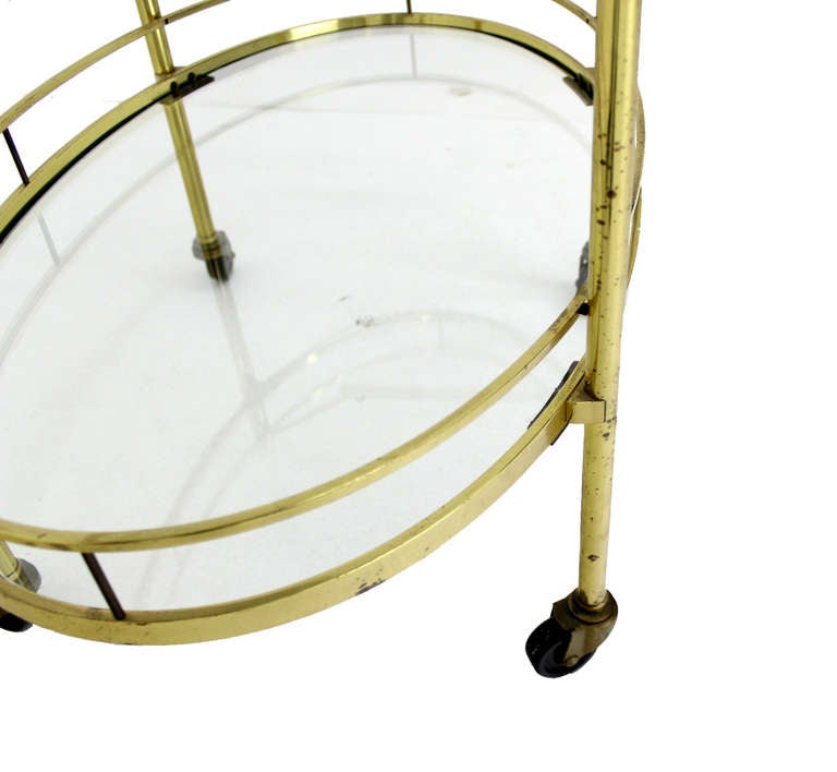 Polished Mid Century Modern Solid Brass Oval Tea Cart Rolling Bar