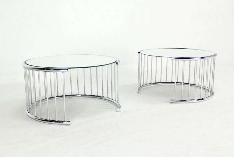 Pair of Circular Chrome Base End Tables with Mirrored Tops 3