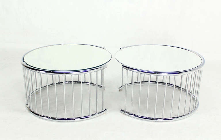 Pair of Circular Chrome Base End Tables with Mirrored Tops 4