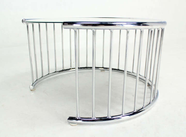 Mid-Century Modern Pair of Circular Chrome Base End Tables with Mirrored Tops