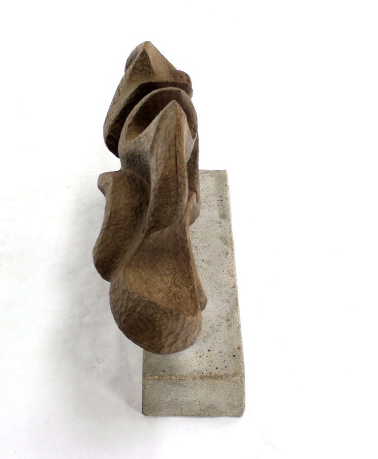 Large Modern, Abstract Carved Wood Sculpture on Cement Base 2