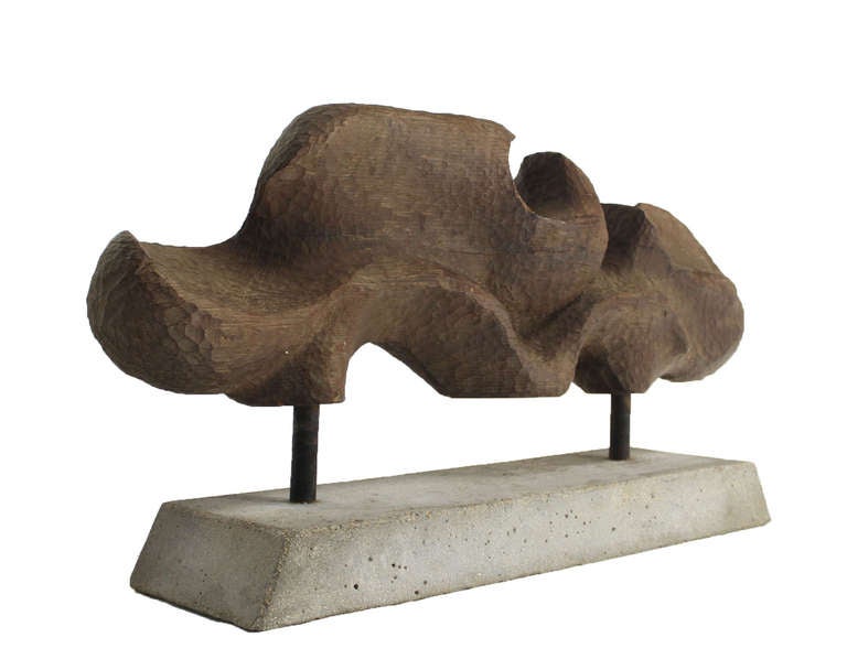 Mid-Century Modern Large Modern, Abstract Carved Wood Sculpture on Cement Base