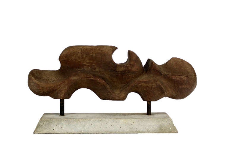 20th Century Large Modern, Abstract Carved Wood Sculpture on Cement Base