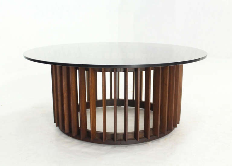 American Mid-Century Danish Modern Walnut Base and Smoked Glass-Top Round Coffee Table