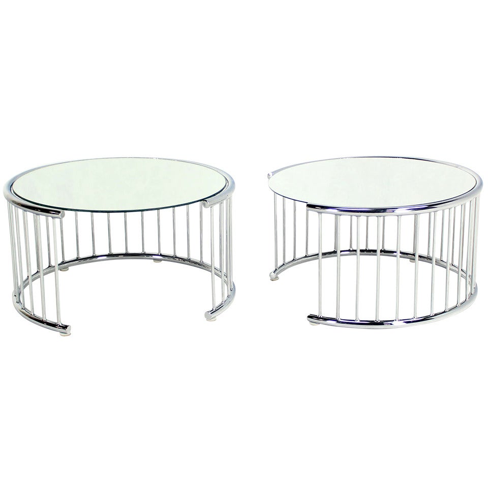 Pair of Circular Chrome Base End Tables with Mirrored Tops