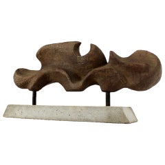 Large Modern, Abstract Carved Wood Sculpture on Cement Base