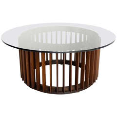 Mid-Century Danish Modern Walnut Base and Smoked Glass-Top Round Coffee Table