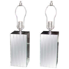 Pair of Cube Shape Mid-Century Modern Mirrored Table Lamps