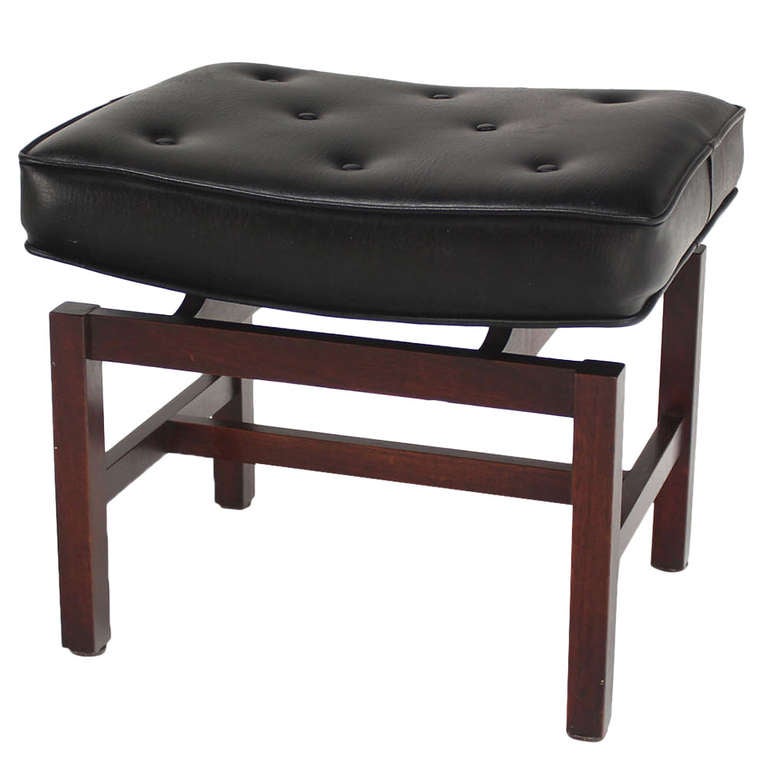 Mid Century Modern Tufted Black Leather Upholstered Bench