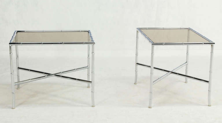 Pair of Faux Bamboo Chrome and Smoked Glass End Tables In Excellent Condition In Rockaway, NJ