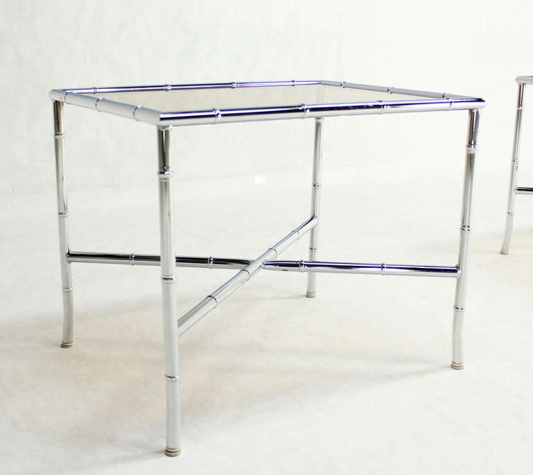 Pair of Faux Bamboo Chrome and Smoked Glass End Tables 3