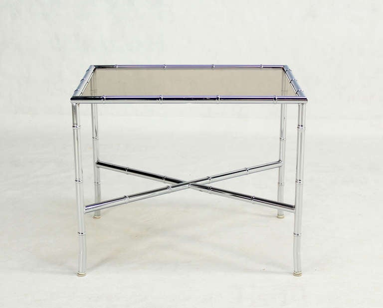 American Pair of Faux Bamboo Chrome and Smoked Glass End Tables