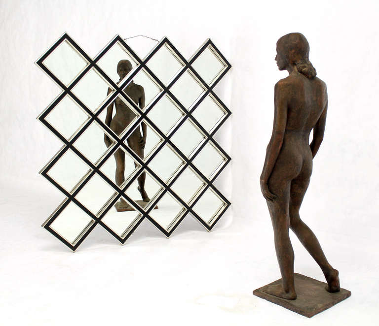 Mid-Century Modern Large Square Mirror with Wood Frame, Composed of 25 