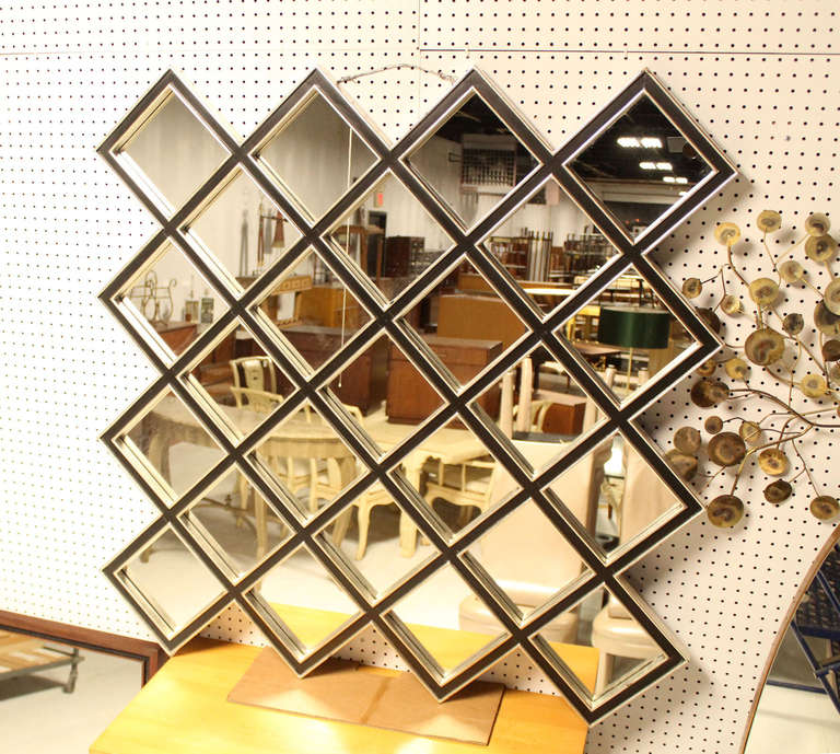 Large Square Mirror with Wood Frame, Composed of 25 