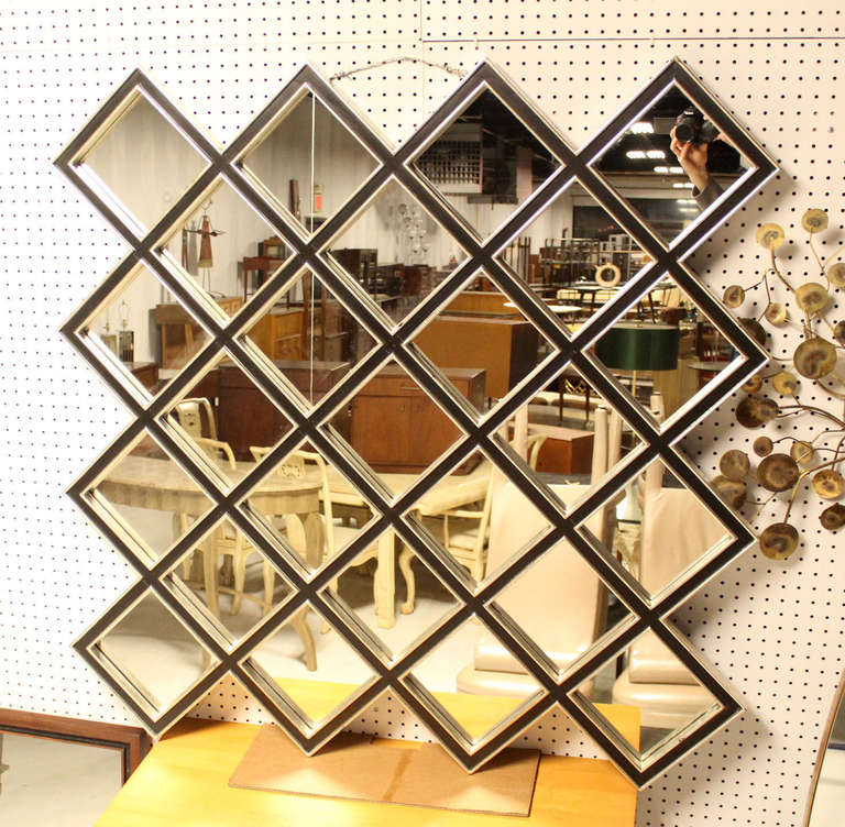 Large Square Mirror with Wood Frame, Composed of 25 