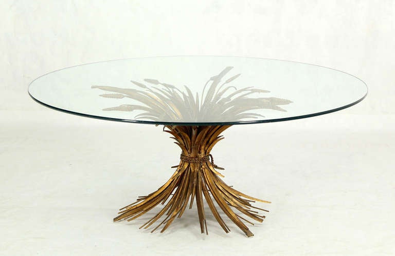 Brass Wheat Sheaf Round Glass Top Coffee Table Mid Century Modern 2