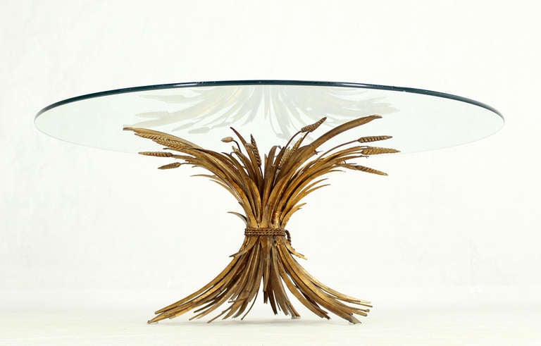 Brass Wheat Sheaf Round Glass Top Coffee Table Mid Century Modern 3