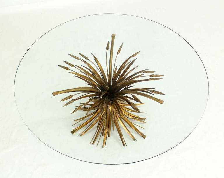 Brass Wheat Sheaf Round Glass Top Coffee Table Mid Century Modern In Excellent Condition In Rockaway, NJ