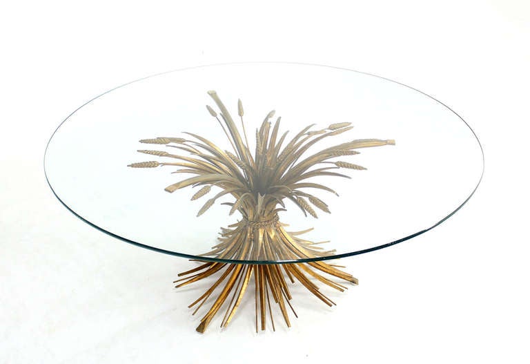 Brass Wheat Sheaf Round Glass Top Coffee Table Mid Century Modern 1