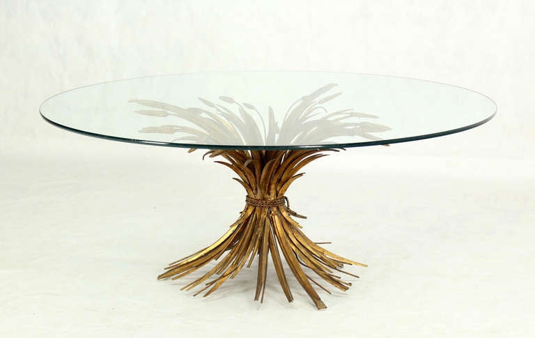 American Brass Wheat Sheaf Round Glass Top Coffee Table Mid Century Modern