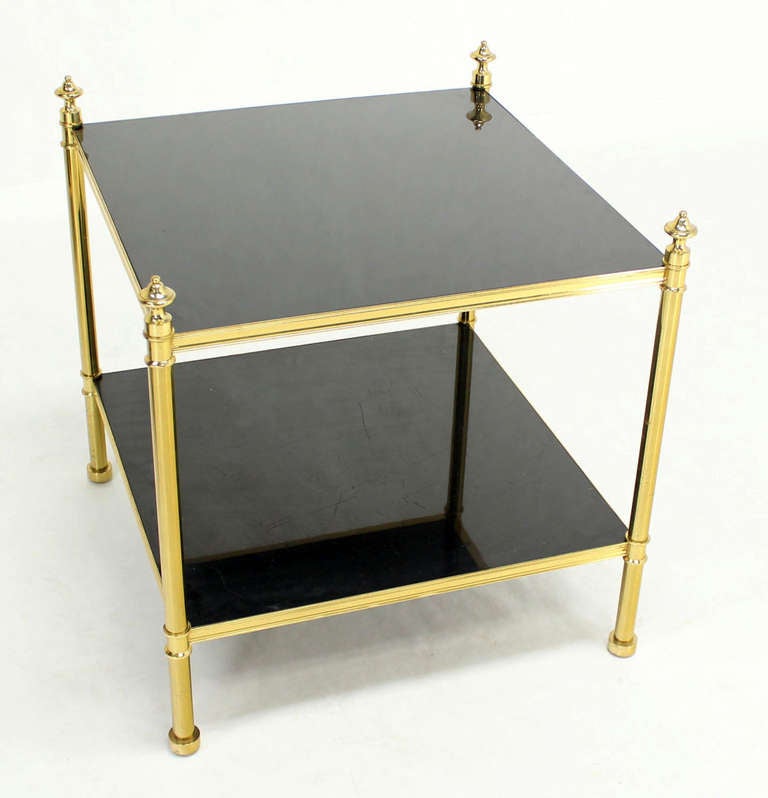 Pair of Solid Brass and Black Lacquer Two-Tier End or Side Tables In Excellent Condition In Rockaway, NJ