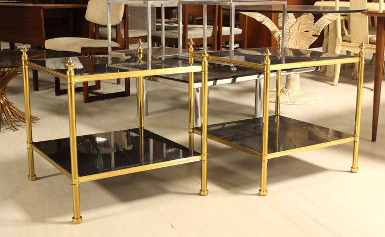 Pair of Solid Brass and Black Lacquer Two-Tier End or Side Tables 3