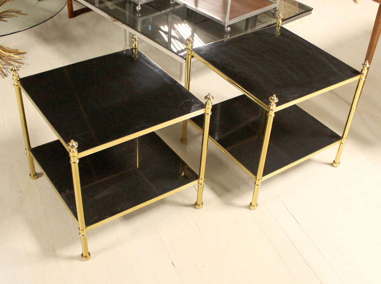 20th Century Pair of Solid Brass and Black Lacquer Two-Tier End or Side Tables