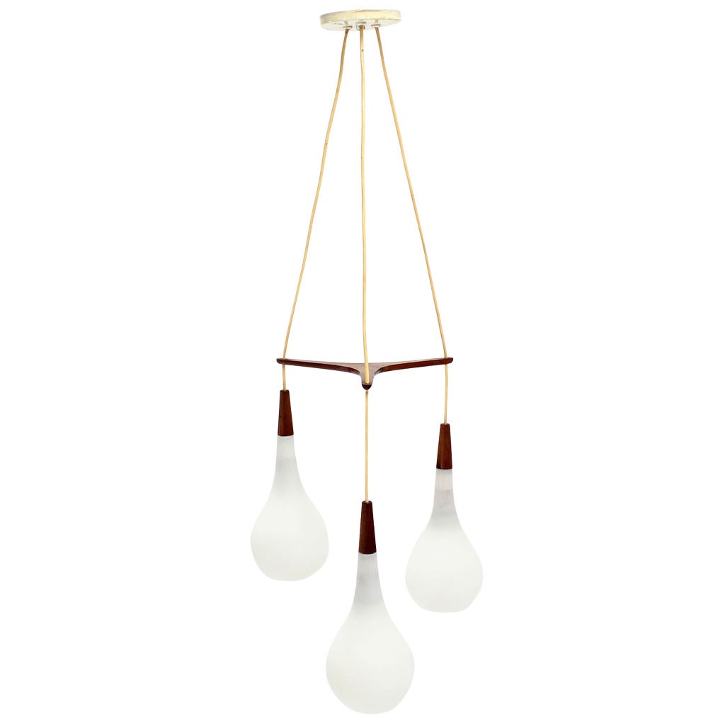 Danish Frosted Glass and Teak Tripple Pendant Chandelier