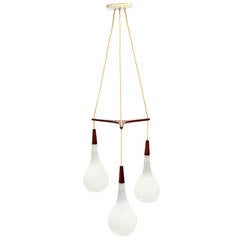 Danish Frosted Glass and Teak Tripple Pendant Chandelier