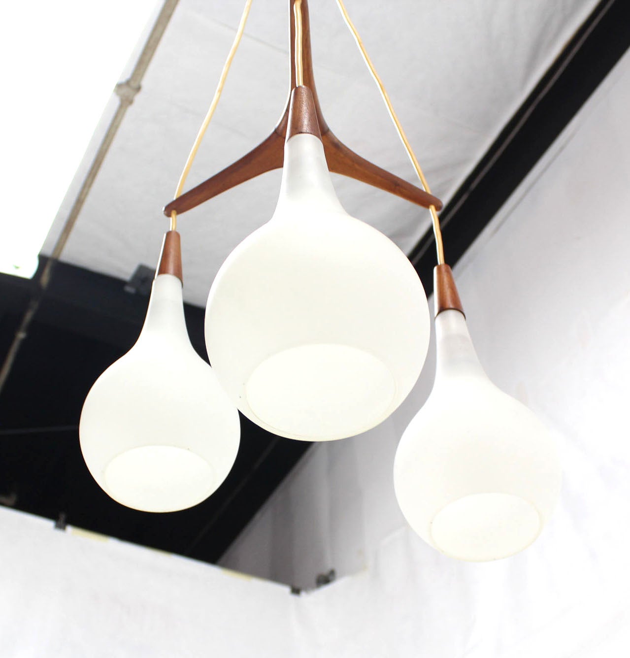 American Danish Frosted Glass and Teak Tripple Pendant Chandelier