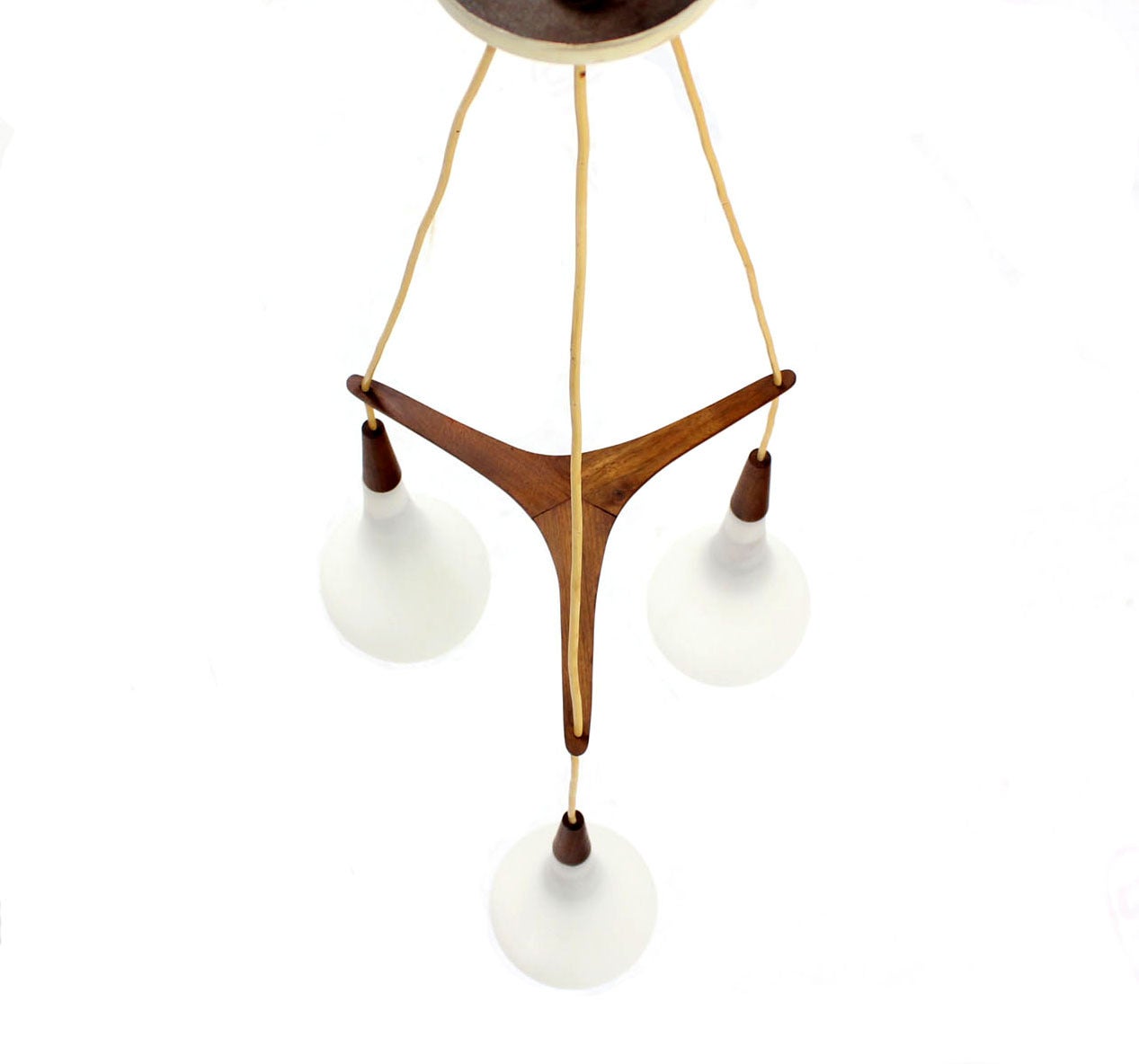 Danish Frosted Glass and Teak Tripple Pendant Chandelier 1