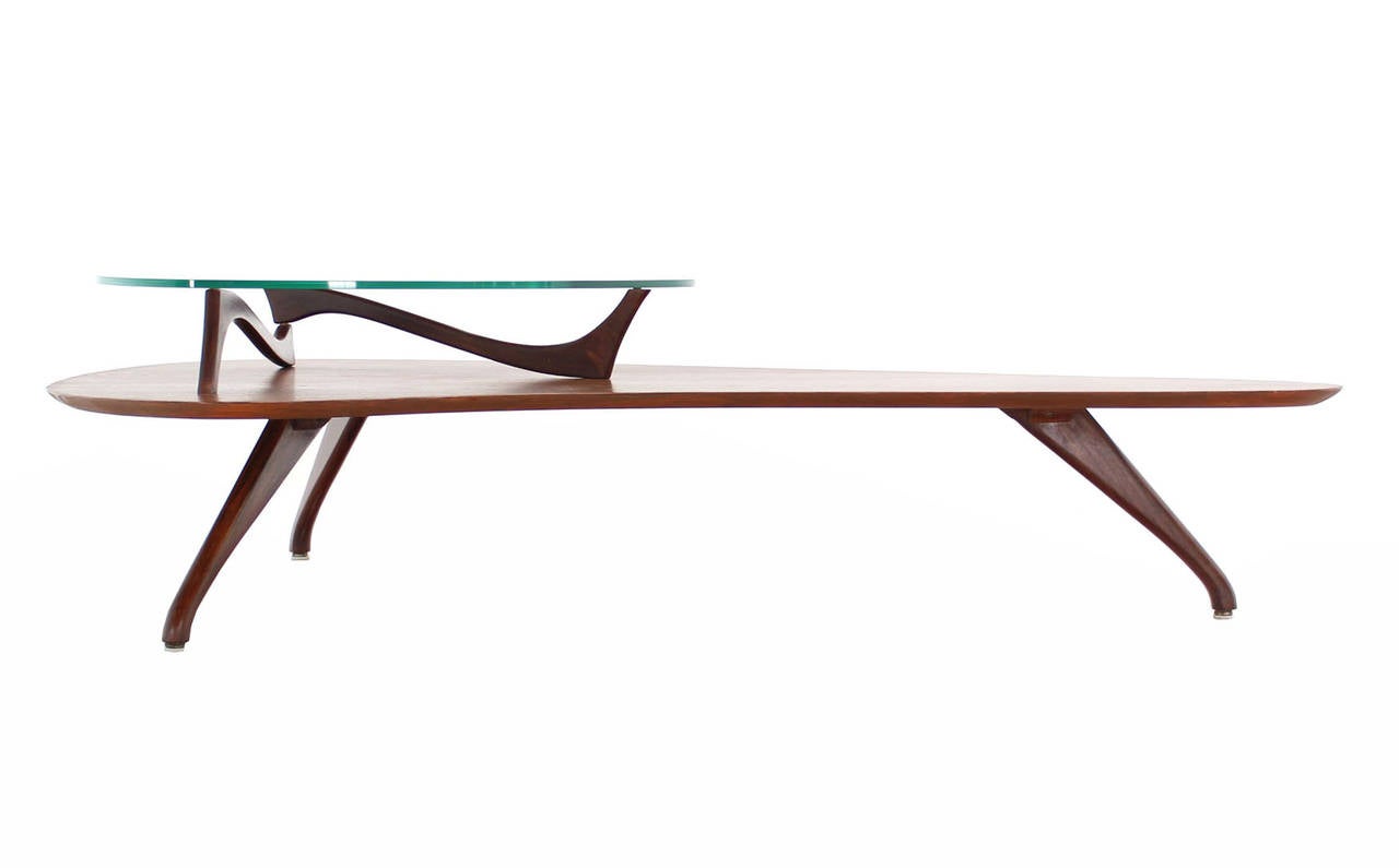 20th Century Organic Shape Walnut and Glass Coffee Table