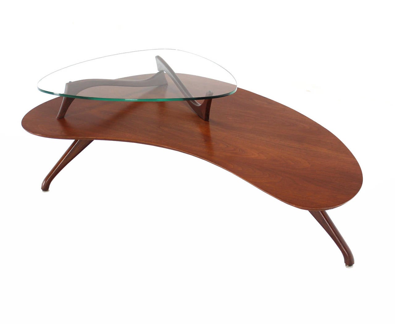 Mid-Century Modern Organic Shape Walnut and Glass Coffee Table