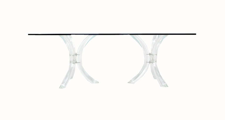 American Bent Lucite Double Tripod Base Glass Top Dining Conference Table