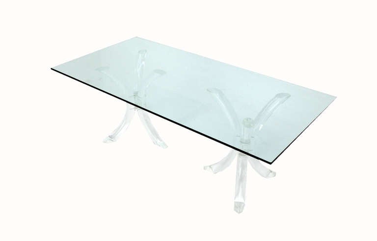 Very nice mid century modern double lucite pedestal dining table.