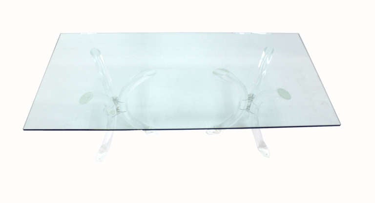 Polished Bent Lucite Double Tripod Base Glass Top Dining Conference Table