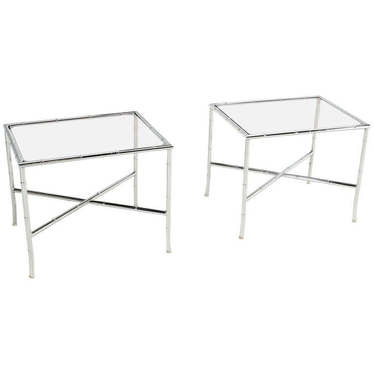 Pair of Faux Bamboo Chrome and Smoked Glass End Tables