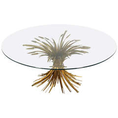 Brass Wheat Sheaf Round Glass Top Coffee Table Mid Century Modern