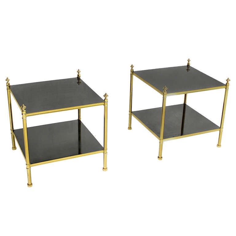 Pair of Solid Brass and Black Lacquer Two-Tier End or Side Tables