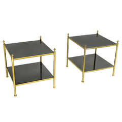 Pair of Solid Brass and Black Lacquer Two-Tier End or Side Tables