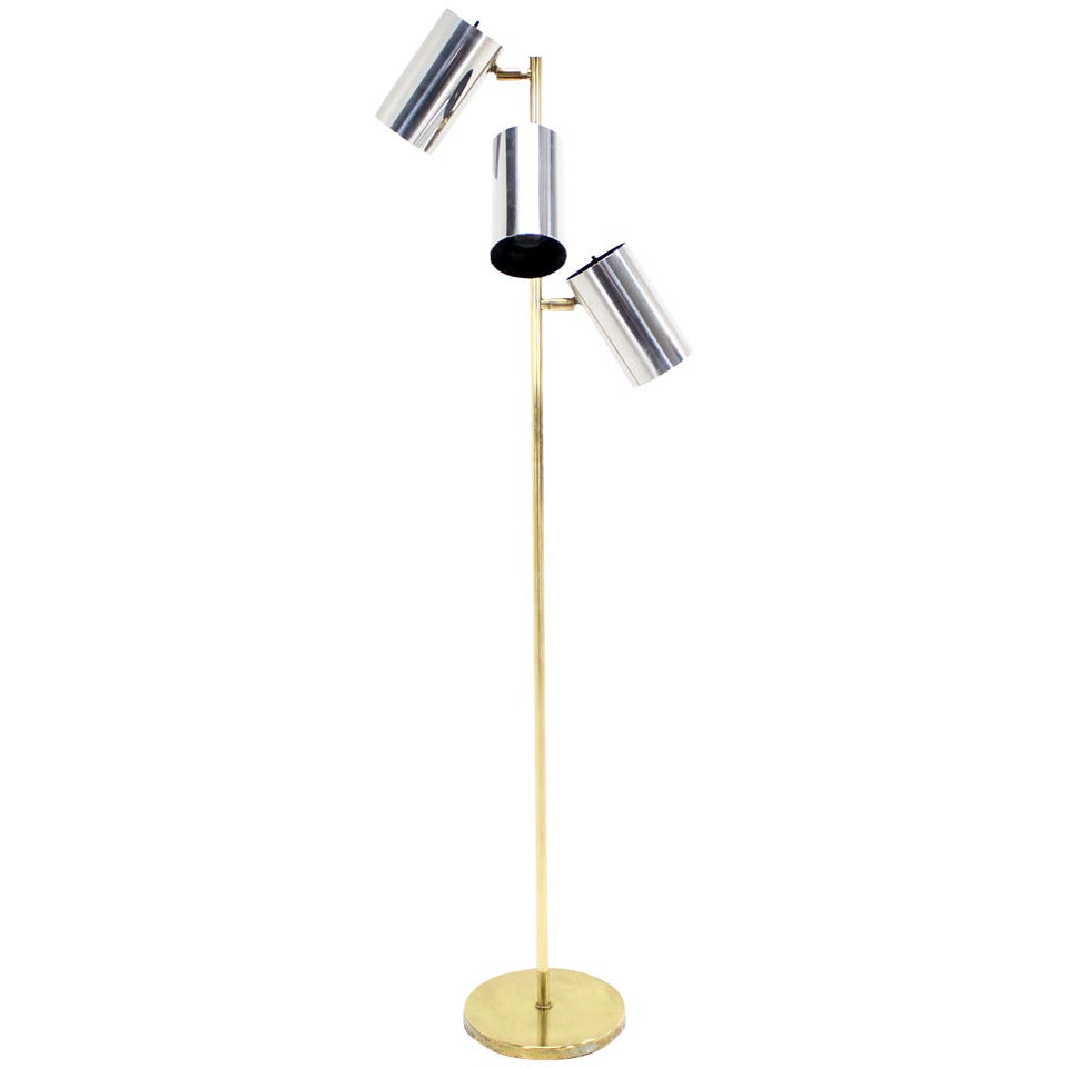 Midcentury Brass Base Floor Lamp with Three Fully Adjustable Chrome