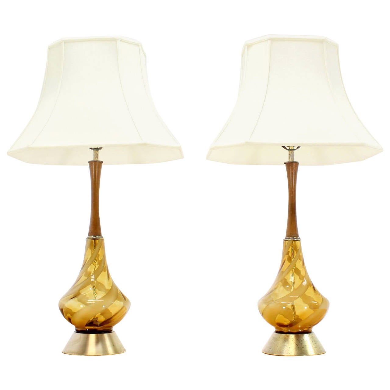 Pair of MidCentury Modern Amber Glass Table Lamps with Silk Shades at